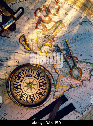 Map of globe with nautical navigation devices Stock Photo