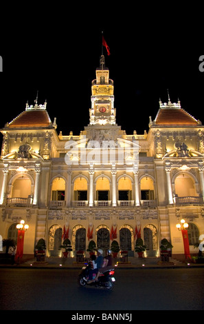 Ho Chi Minh City Hall at night with lights Vietnam Stock Photo