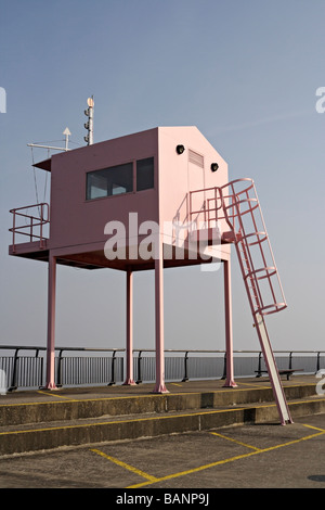 The Pink Hut on Cardiff Bays barrage Wales, iconic Lookout tower metal structure Severn estuary Welsh coast, British coastline Stock Photo