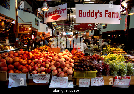 Fresh Fruits for Sale at Farmer's Fruit Stall at Granville Island Public Market Vancouver British Columbia Canada Stock Photo
