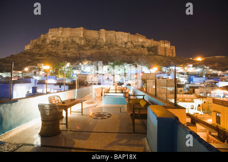 Buildings in a city lit up at night, Meherangarh Fort, Jodhpur, Rajasthan, India Stock Photo