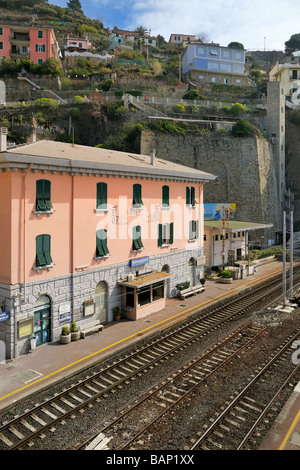 The train station of the small town of Riomaggiore, Cinque Terre, Liguria, Italy. Stock Photo