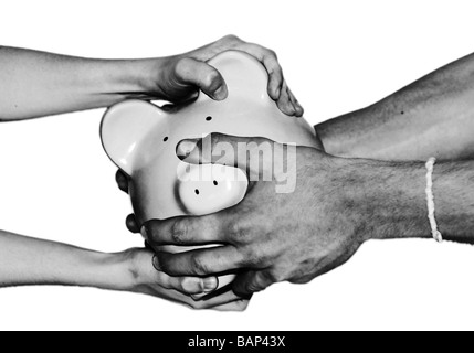young white couple's hands fighting over savings piggy bank Stock Photo