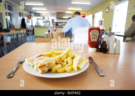 Plate of Pasty and chips in a works canteen Stock Photo