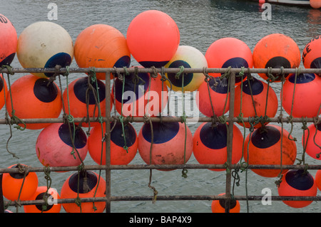 Orange buoys tied to the side of a commercial fishing trawler moored in the harbour at Weymouth in Dorset, England. Stock Photo