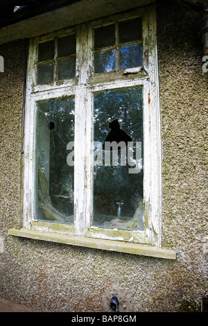 An abandoned cottage lies in disrepair with the glass in the rotten window frames smashed Stock Photo