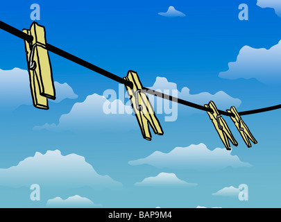 Clothes Pins On A Clothes Line Rope Four Wooden Pegs Holding