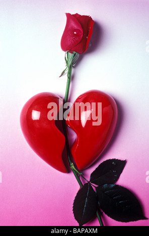 Red rose through broken heart Stock Photo