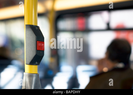 Stop button on London bus, London, England, UK, Europe Stock Photo