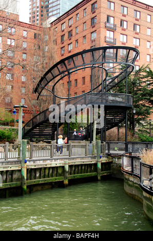 An iron lookout tower, echoing the crown of the Statue of Liberty, South Cove, Battery Park City, New York. Stock Photo