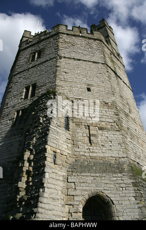 Town of Caernarfon, Wales. Close up low angled view of the historic Caernarfon Castle Eagle Tower. Stock Photo