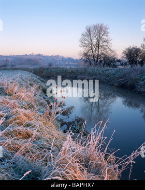 The River Brue on South Moor on the Somerset Levels at Glastonbury with ...