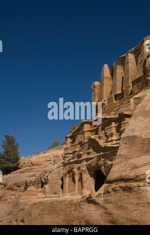 View of the rock cut monument 'Obelisk Tomb' carved into pink sandstone cliff in the ancient Nabatean city of Petra Jordan Stock Photo