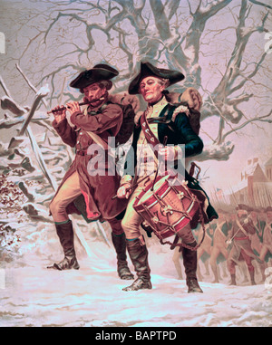 The Continentals - Two soldiers of the Continental Army color guard, playing fife and drum, marching in winter. Stock Photo