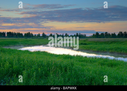 Bent of Kalnupe river and its floodplains after sunset Stock Photo