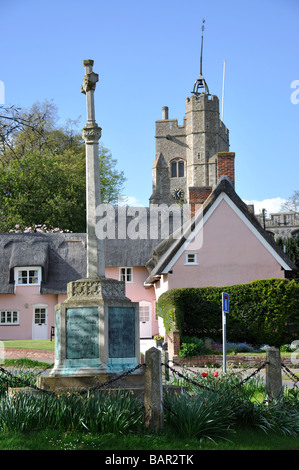 War Memorial and St.Mary's Church, The Green, Cavendish, Suffolk, England, United Kingdom Stock Photo