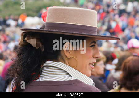 Andujar Jaen Province Spain Annual Romeria of La Virgen de la Cabeza Beautiful young Spanish woman wearing typical Cordobes hat Stock Photo
