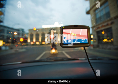 Germany, Berlin, Navigation system in car, Traffic seen through windscreen Stock Photo