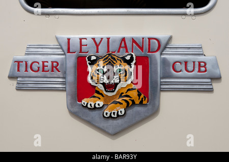 Close up of badge on front of 1961 Leyland Tiger cub single decker bus during vintage commercial vehicle rally, Brighton. Stock Photo