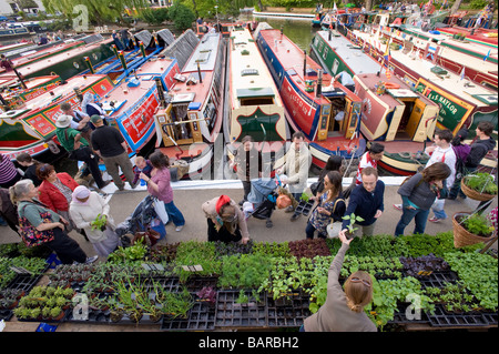 Sidewalk market stalls selling garden plants by Regents Canal in 'Little Venice', London United Kingdom Stock Photo