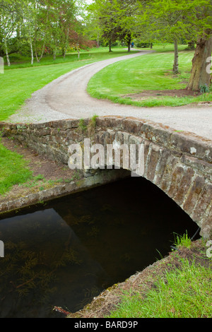 A meandering path and stone bridge over a tranquil slow moving stream in Ness Botanical Gardens in summer in the village of Ness, Cheshire Stock Photo