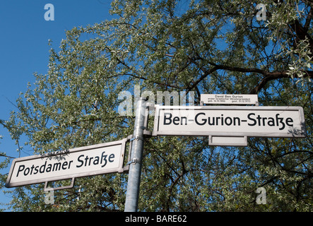 Germany Berlin Street Sign Potsdamer strasse and Ben Gourion strasse behind Sony center Stock Photo