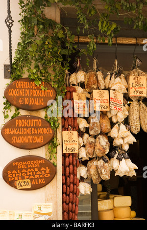 Norcia is famous for pork products such as salami and prosciutto and for truffles and wild boar Stock Photo
