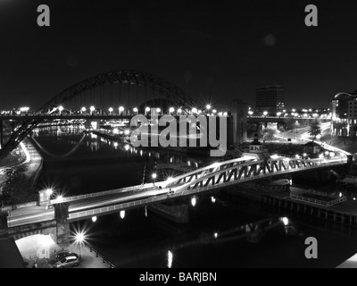 Black and White Night Time view of the Tyne bridge, Swing bridge and Millenium bridge, Newcastle upon Tyne