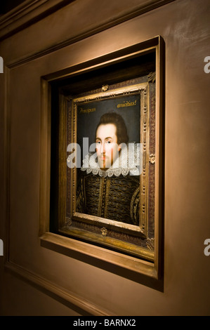 The 'Cobbe' portrait of William Shakespeare hanging in the 'Shakespeare Found' exhibition at the Shakespeare Birthplace Trust. Stock Photo