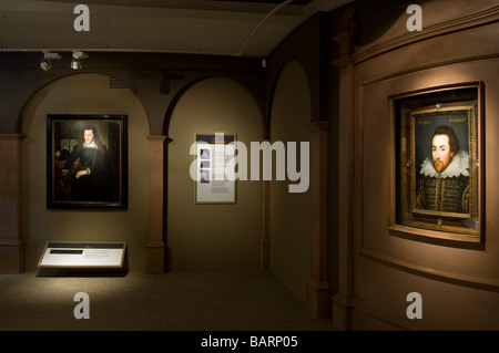 The 'Cobbe' portrait (right) of William Shakespeare in the 'Shakespeare Found' exhibition at the Shakespeare Birthplace Trust. Stock Photo