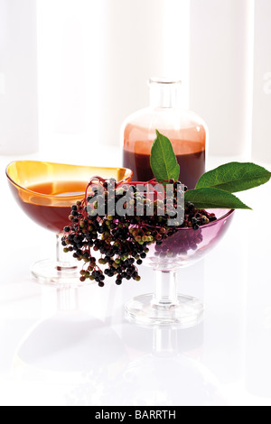 Black Elderberries (Sambucus nigra) and elderberry juice Stock Photo