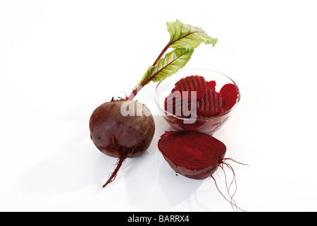 Sliced beetroot in bowl, elevated view Stock Photo