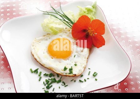 Heart-shaped fried egg on plate Stock Photo