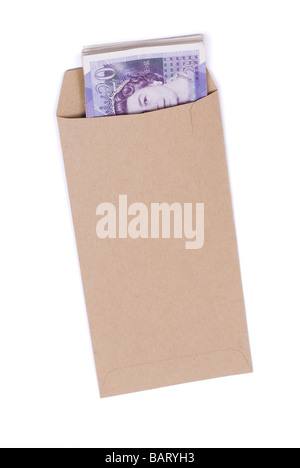 Stack of British money inside a brown envelope against a white background Stock Photo