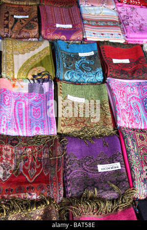 Silk Pashmina scarves for sale at a street market in Turkey. Stock Photo