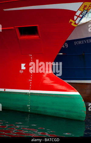 White Plimsoll Line on ships red & green keel at Fraserburgh Harbour, Scotland, UK Stock Photo