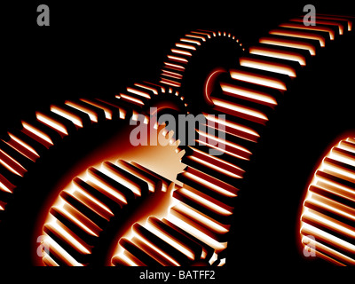 Gear wheels, computer artwork. Gear wheels, orcogs, transmit rotational force within machines. Stock Photo