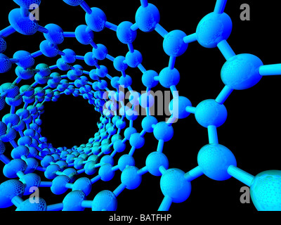 Carbon nanotube. Computer artwork showing the hexagonal carbon structure of a nano tube, orbuckytube. Stock Photo