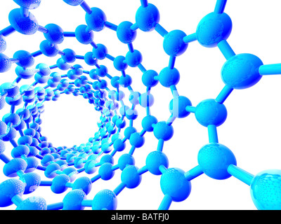 Carbon nanotube. Computer artwork showing the hexagonal carbon structure of a nano tube, orbuckytube. Stock Photo