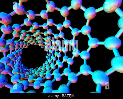 Carbon nanotube. Computer artwork showing the hexagonal carbon structure of a nano tube, orbuckytube. Stock Photo