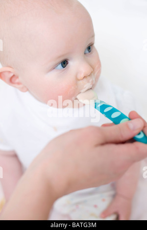 Spoon-feeding. 7 month old baby girl being spoon-fed. Stock Photo