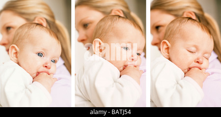 Baby sleeping. Montage of three photographs depicting a tired baby falling asleep on her mother's shoulder. Stock Photo