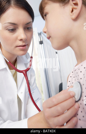 Paediatric examination. Doctor listening to a girl's chest sounds through a stethoscope Stock Photo