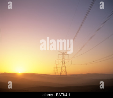Electricity pylons at sunset in a desert.Photographed in the United Arab Emirates. Stock Photo