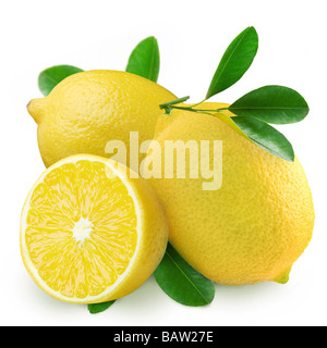 Lemons with leaves on a white background Stock Photo