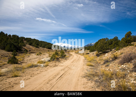 Dirt road in Chaffee County Colorado with the Collegiate Peaks in the distance Stock Photo