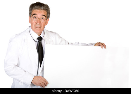 male doctor holding a white banner Stock Photo
