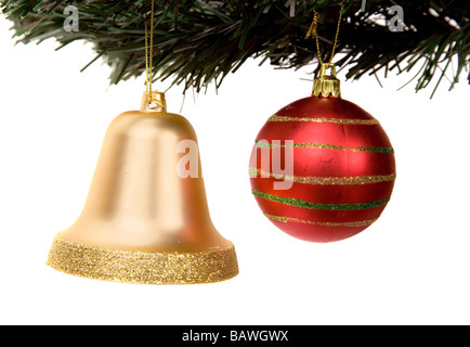christmas ball and bell on a xmas tree Stock Photo