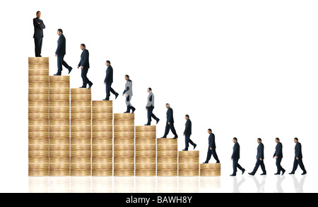 business man walking up coin graph - financial success Stock Photo