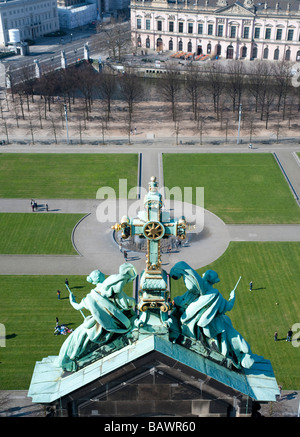 View of the Lustgarten square from Berlin Cathedral with religious statue decoration in foreground Stock Photo
